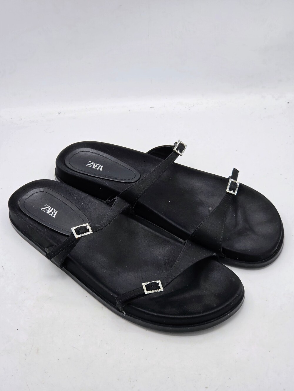 ZARA Black Satin Buckle Slides - Rhinestone Embellished Strappy Sandals Size 10 - Picture 3 of 13